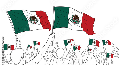 Celebratory crowd waving mexican flags in festive gathering