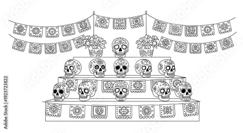 Day of the dead altar with sugar skulls and papel picado decor