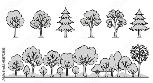 A collection of various stylized trees, both deciduous and coniferous, arranged in two rows against a white background.