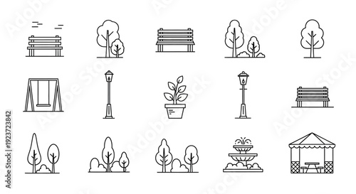 A collection of line art icons representing various elements found in a park or outdoor recreational space.
