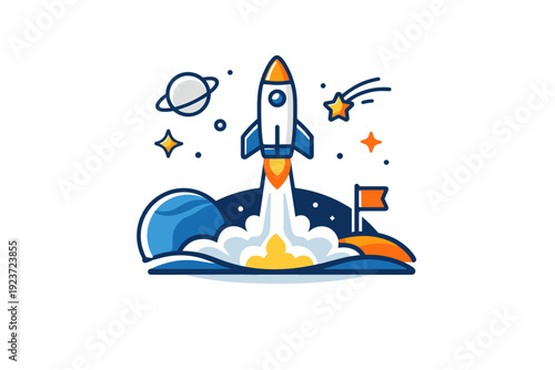 Space exploration expressing hope, future vision and collective progress of humanity. A calm and uplifting composition with a rocket ascending, star field and
