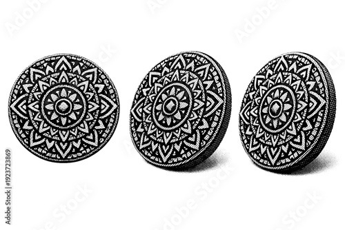 Ornamental tribal medallion. A circular tribal ornamental medallion pattern with radial symmetry is shown from three different angles: front view, slight tilt