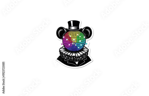 Funny Victorian mouse with Disco Ball Sticker Silhouette. Quirky Surreal Silliness and Humorous Character Design for Gen Z Aesthetic Vector.