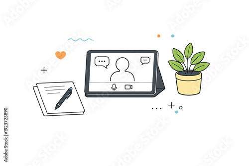 Teletherapy workspace essentials. A minimal scene showing key objects like a digital device, pen, paper, and indoor plant, conveying comfort and focus during