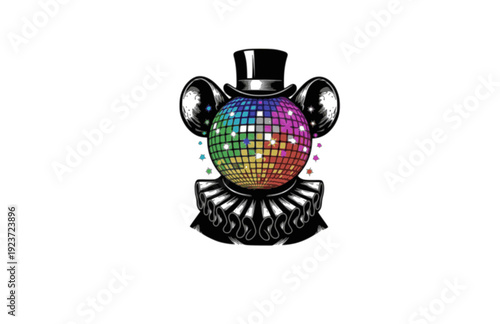 Funny Victorian mouse with Disco Ball Sticker Silhouette. Quirky Surreal Silliness and Humorous Character Design for Gen Z Aesthetic Vector.