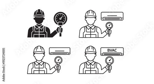 HVAC technician and air conditioner icon collection. Includes repairman, engineer, pressure gauge, and AC unit symbols. Created in solid and outline styles with black and white palette.