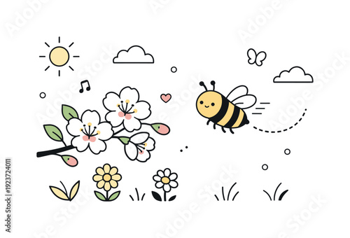 Bee pollination scene. A friendly nature scene with a bee hovering near blossoms, surrounded by gentle spring elements. The mood feels light,