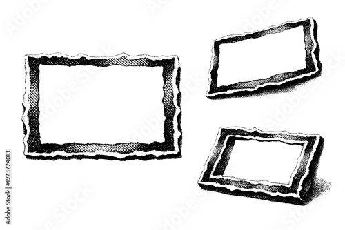 Halftone poster collage cutout frame A collage cutout frame object with irregular edges shown in straight-on view, tilted view, and