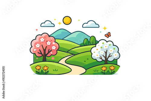 Spring landscape rolling green hills with blooming trees and a calm sky create a peaceful scene that reflects freshness, balance, and seasonal renewal.