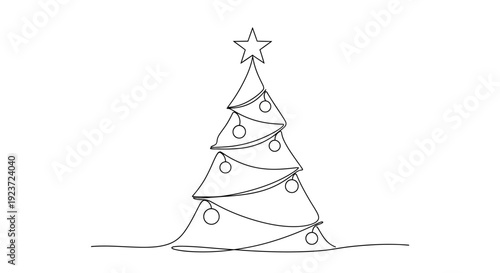 A minimalist continuous line drawing of a decorated Christmas tree with a star on top.