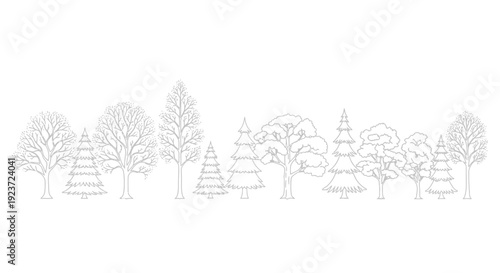 A diverse collection of deciduous and coniferous trees depicted in a minimalist, outline style against a white background.