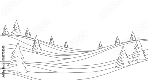 A minimalist line drawing depicts rolling hills dotted with evergreen trees under a vast, empty sky.