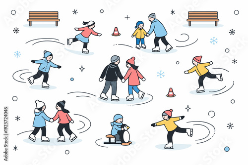 Social winter sports visual. Ice rink with skaters and small decorative elements like motion lines, soft snowflakes, and benches in top-view