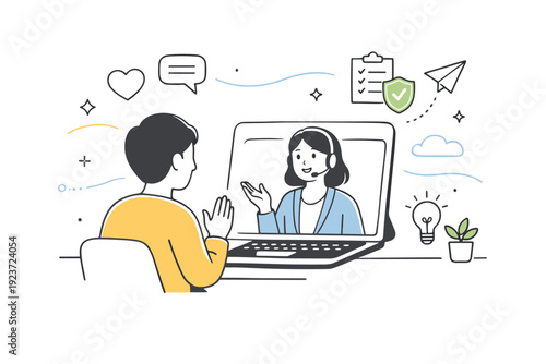Therapy online call. Person talking with a counselor via laptop or tablet, soft floating line icons and abstract shapes emphasizing safe