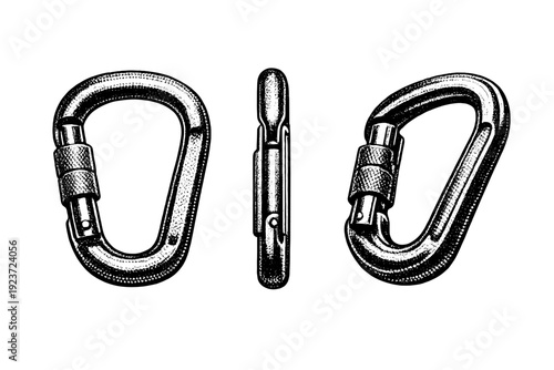 Climbing carabiner depicted as one object shown in three views: front view, side profile view, and angled three-quarter view emphasizing metal thickness and
