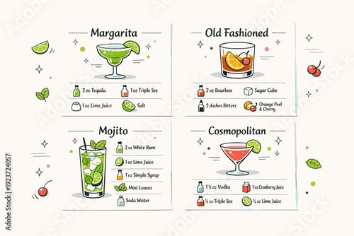 Minimalist Cocktail Cards. Cocktail recipe cards. A clean set of illustrated cards with cocktail names, ingredient icons, and simple measurements, neatly