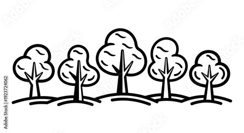 A simple black and white line drawing of a row of five stylized trees on rolling hills.