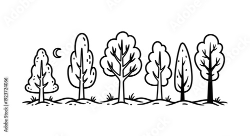 A whimsical black and white illustration of a line of diverse trees with a crescent moon in the sky.