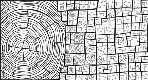 Abstract black and white illustration depicting a cross-section of a tree trunk next to a mosaic of geometric shapes.
