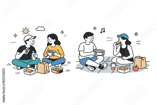 Impromptu Picnic Moments. First picnics improvised. People sitting on grass or pavement with simple containers and paper bags. Everyday food, outdoor novelty,