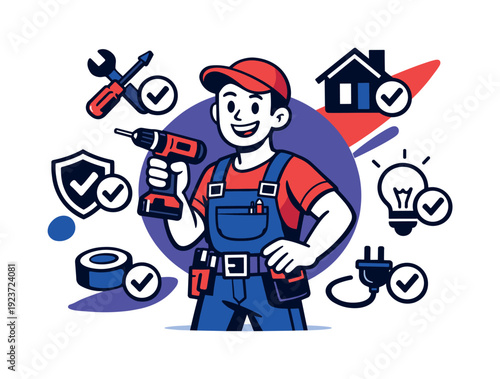 Handyman service. Friendly character smiling while holding an electric drill, service icons