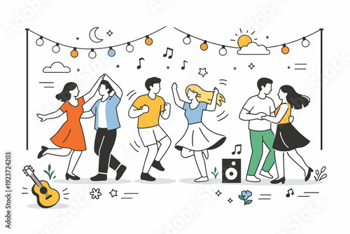 Late spring festivals. People dancing lightly outdoors under hanging lights and open sky. Sense of movement, music, and carefree enjoyment.