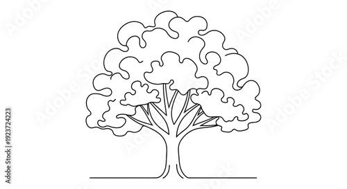 A minimalist black and white line drawing of a large, leafy tree with a thick trunk and branches spreading outwards.