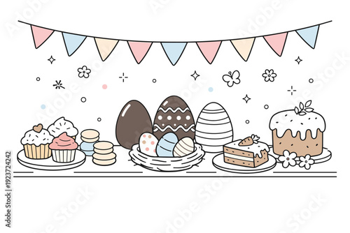 Easter dessert window concept. Hanging bunting, chocolate eggs, and small pastries arranged neatly on a counter viewed from front. Soft,