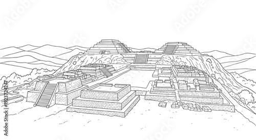 Monte alban archaeological site outline with ancient structures and mountain landscape