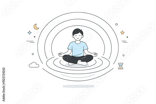 Time dilation sensation. A person floating or sitting within circular outlines that stretch outward rhythmically. Quiet mental state where time feels gently