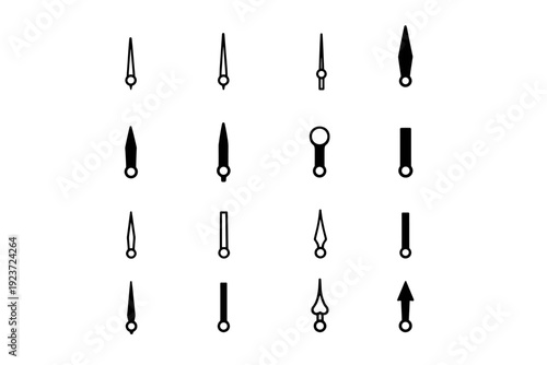 Analog Clock Hands. Line icon set of Analog Clock Hands: slim hour hand, slim minute hand, slim second hand, thick hour hand, thick minute