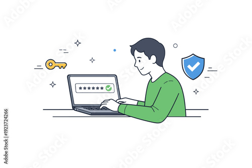 Password management. A person entering a strong password on a laptop, small key and shield icons floating, secure and calm mood. Minimalist