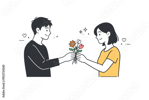 Minimalist flower gifting scenes. One person gently handing a small bouquet to another, simple gesture and calm smiles. Quiet kindness, restrained emotion,