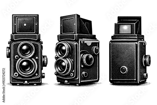 Vintage camera, A twin-lens reflex camera depicted as a single object set in three views highlighting stacked lenses, viewfinder hood, and