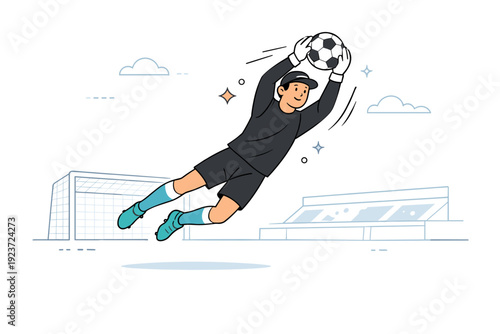 Goalkeeper save. A focused goalkeeper jumping to catch the ball mid-air, clean stadium background with lots of open space. The scene shows