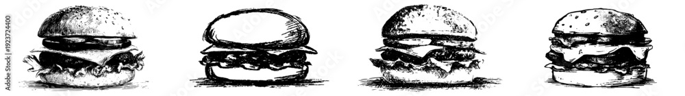 Obraz premium A classic black and white illustration of a hamburger with lettuce, tomato and cheese, on a bun.