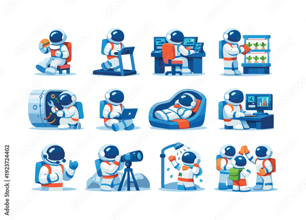 Fototapeta premium Astronaut Life Icons. Daily life activities. Colorful flat vector icons set of Daily life activities: