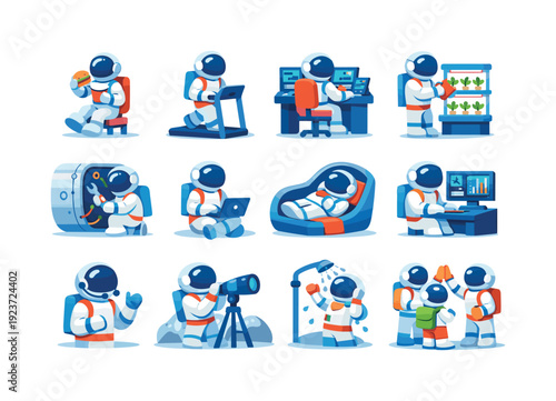 Astronaut Life Icons. Daily life activities. Colorful flat vector icons set of Daily life activities: