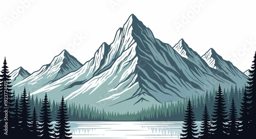 Majestic snow-capped mountains rise above a serene lake, framed by dark evergreen trees under a clear sky.