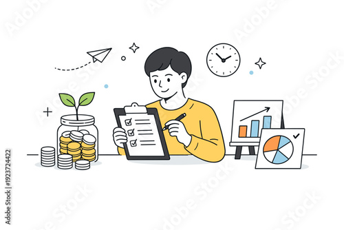 Investment and savings concepts. A calm editorial scene of a person reviewing savings goals with coins, a plant growing from a jar, and