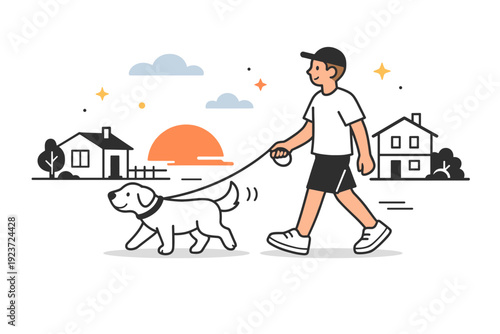Evening Dog Walk. Walking dogs in summer evenings. Casual neighborhood walk with a person and dog enjoying cooler evening air after a warm day. Soft sunset
