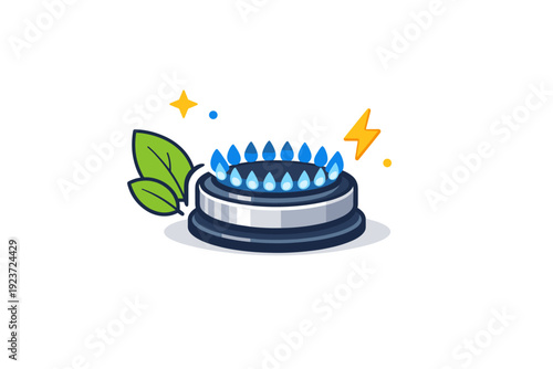 Stovetop burner energy efficiency concept with a compact burner paired with subtle leaf or spark icons, suggesting smart energy use and modern household