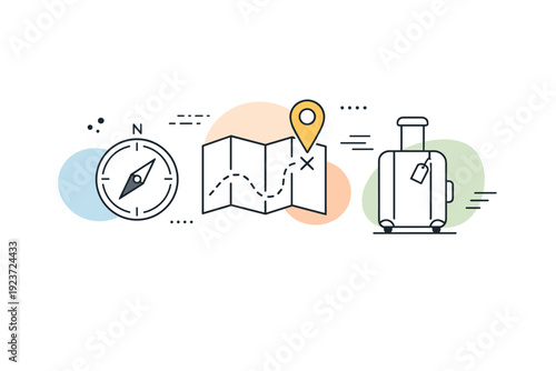 Minimalist travel editorial backdrop. Abstract travel symbols like compass, map pin, and suitcase combined with soft geometric shapes for flexible layout use.