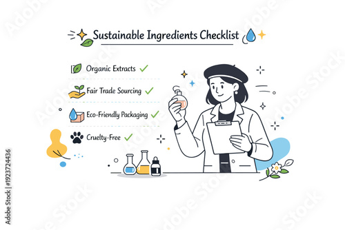 Sustainable ingredients checklist. A perfumer reviews a list of natural, ethically-sourced ingredients with small plant and droplet icons,