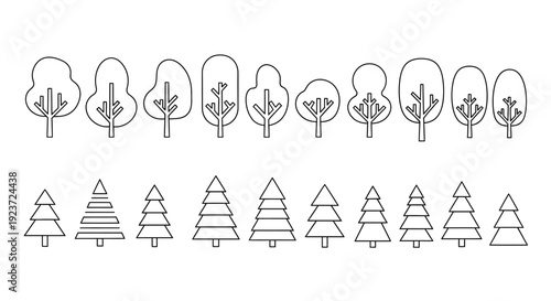 A collection of simple, stylized line art illustrations of various deciduous and coniferous trees.