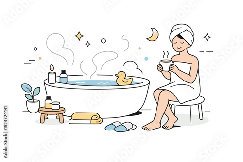 Evening bath ritual. A person wrapped in a towel near the bathtub, relaxed and unhurried, enjoying a quiet personal moment. Steam and soft decorative shapes