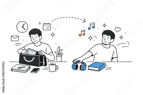 Workday transition to personal time. End-of-day moment where a person packs away work items and reaches for headphones or a book. The scene