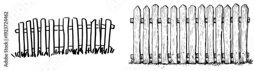 Whimsical Fence Artistry: A Scribble of a Shaky Hand Drawn Fence with Simple Vertical Boards and a Crack in the Middle
