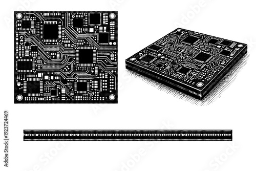 Circuit board pattern dense multilayer PCB with fine signal lines, vias, and component footprints, depicted in planar top view, angled depth