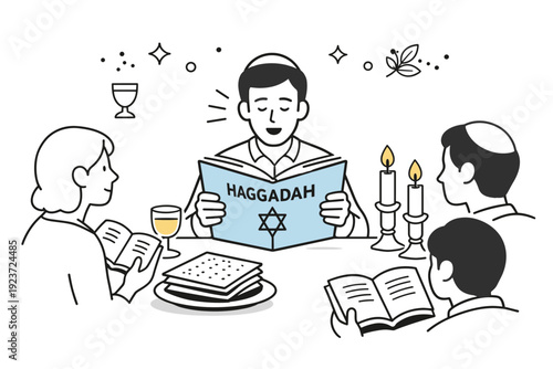 Haggadah reading moment. A focused scene of a person reading aloud from the haggadah while others listen or follow along, surrounded by candles and matzah. The
